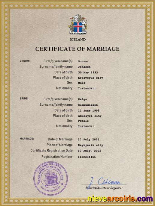 Iceland marriage certificate